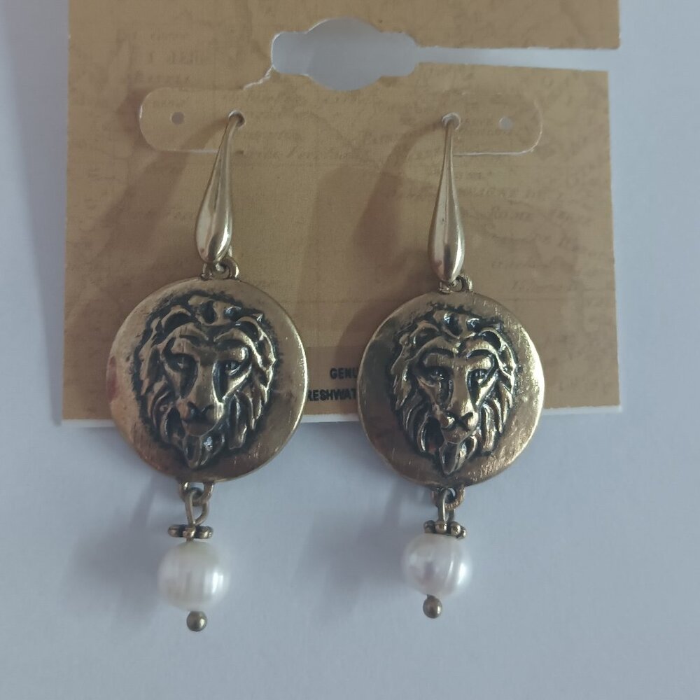 Patricia Nash Gold-Tone Lion Dangle & imitation Pearl Drop Earrings